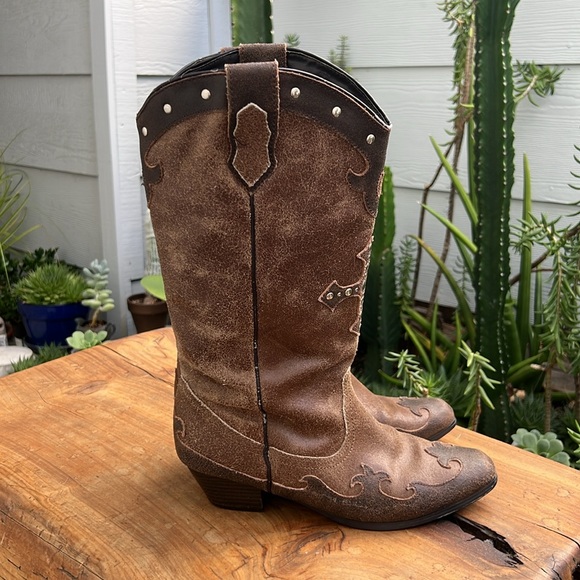 Vintage Women’s Western Cowboy Boots Brown Cross Studded - Picture 5 of 16